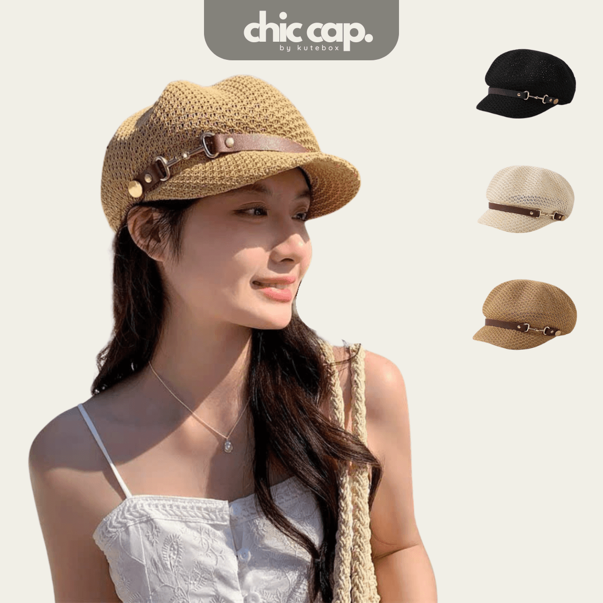 Mũ Nồi Berret Lưới Dây Khoá Da Thời Trang Kiểu Hàn Quốc CC79